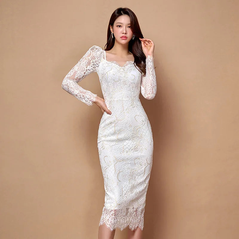 Women Clothes Spring Autumn White Lace Sheer Sexy Puff Sleeve Slim Midi  Dress Elegant Fashion Floral Party Birthday Vestidos