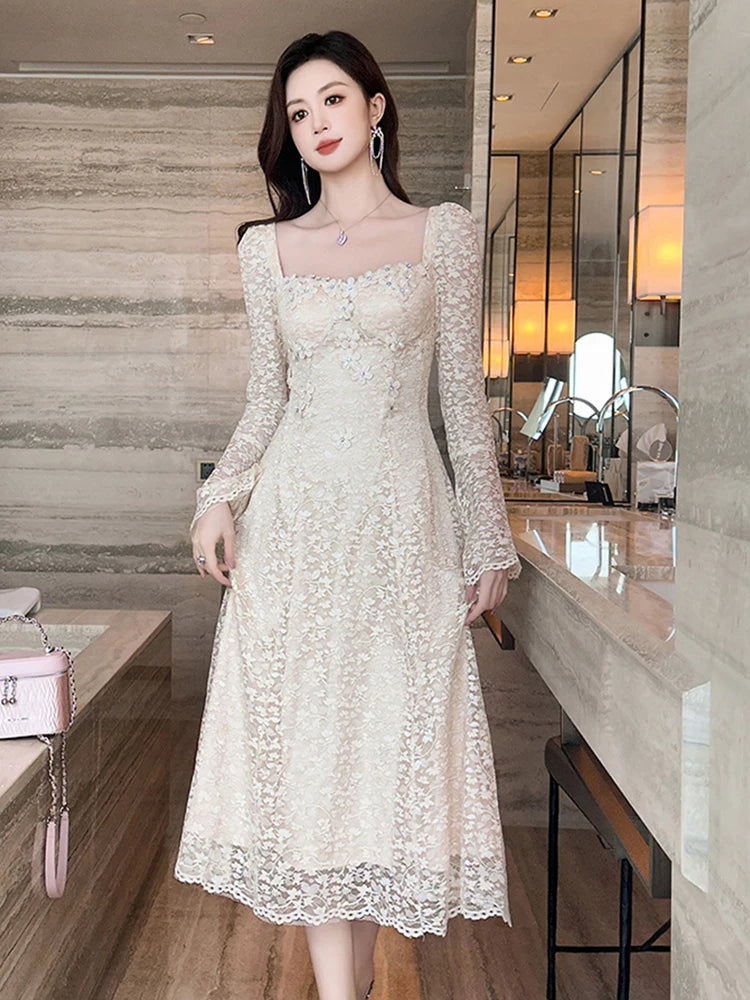 knee length dresses for ladies Solid Color Square Neck Bishop Sleeve Classic Midi Dress for Women –  Anna-Kaci main image 0