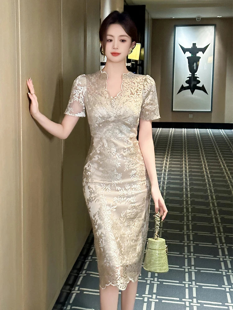 Lace Floral Cocktail Dress With Short Sleeves