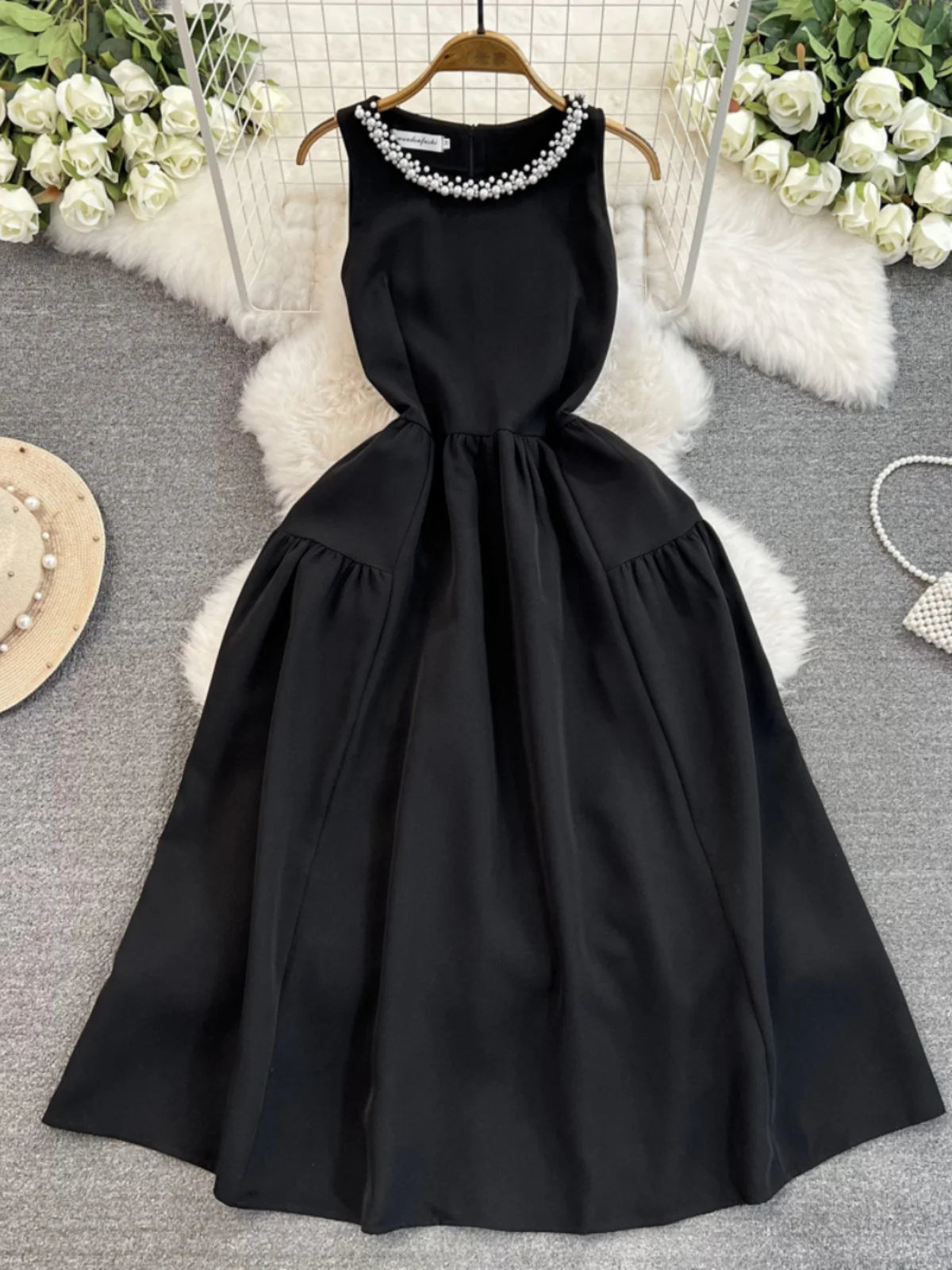 blue dress for baby girl Yang Xiaojuan French handmade pearl collar Hepburn style dress female – Lee  Nhi Boutique main image 0