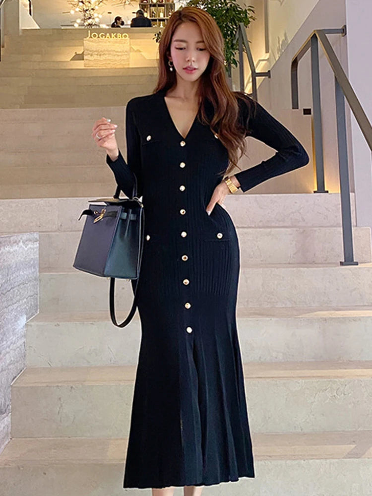 strapless open back dress Women's Knit Ribbed Collar Button Down Midi Dress – Lucca Couture main image 1