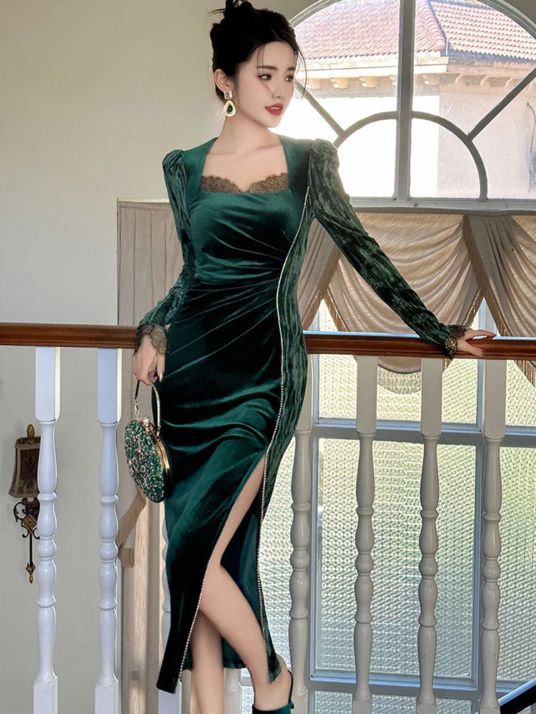 Velvet Dress With Lace Trim And Slit