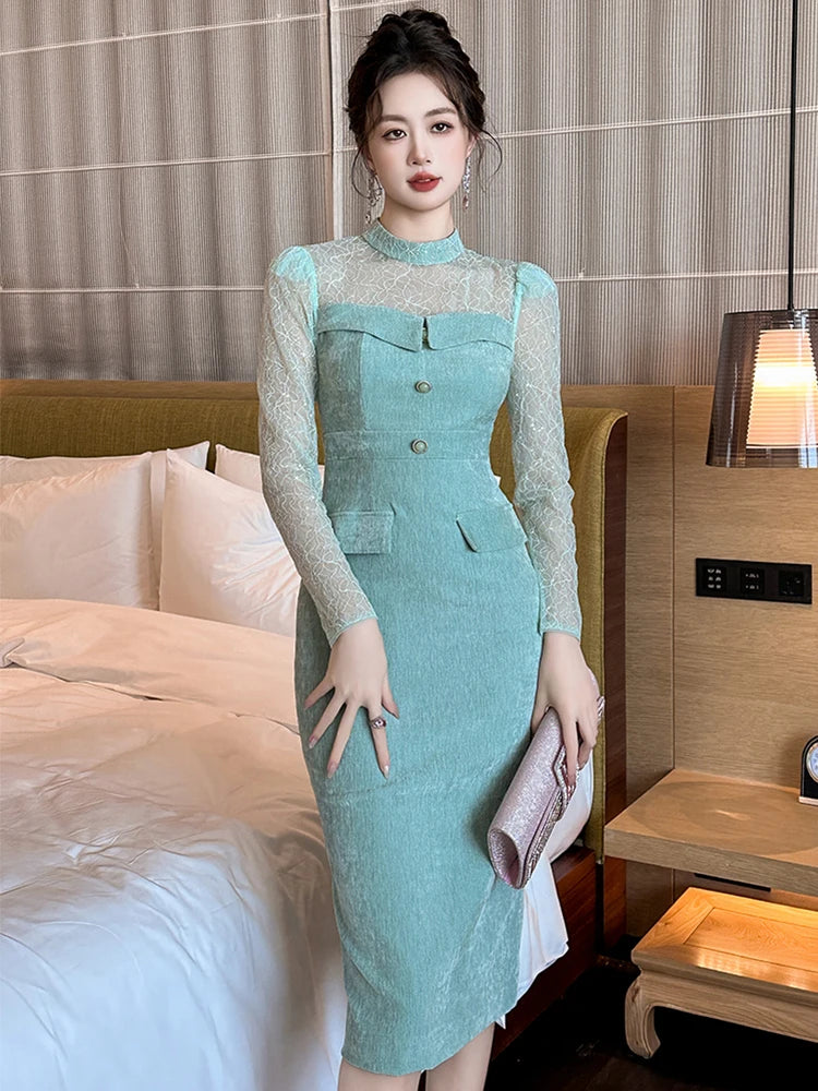 knee length dresses for ladies Maxi Long Sequin Wholesale Evening Dress with Long Sleeves main image 1