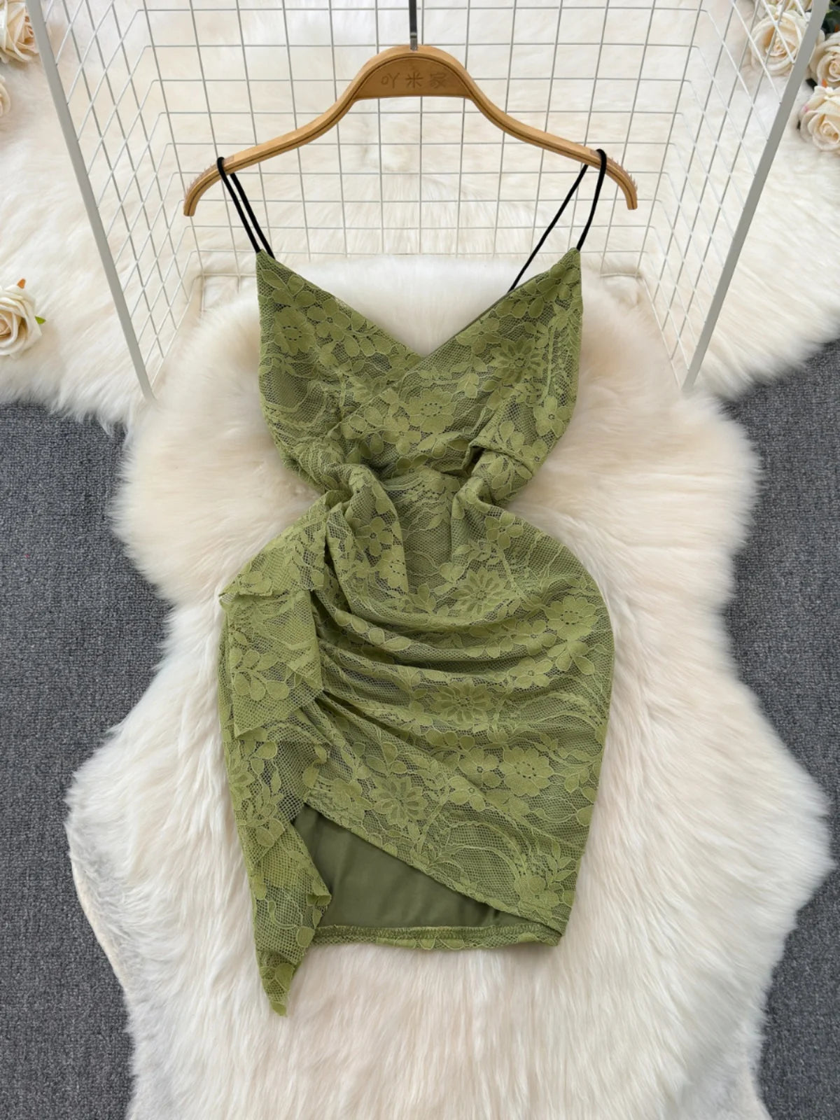 Green Lace Asymmetrical Spaghetti Strap Dress
