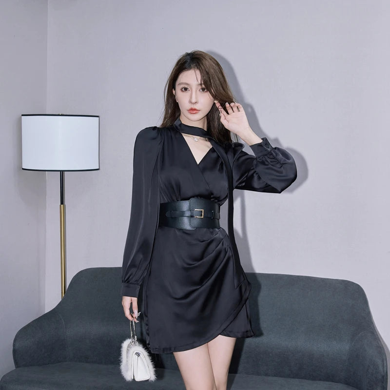 Women Mini Short Dress Elegant Black V-neck Satin Silk Shirt Slim Party Club  Dress With Belt on Luulla