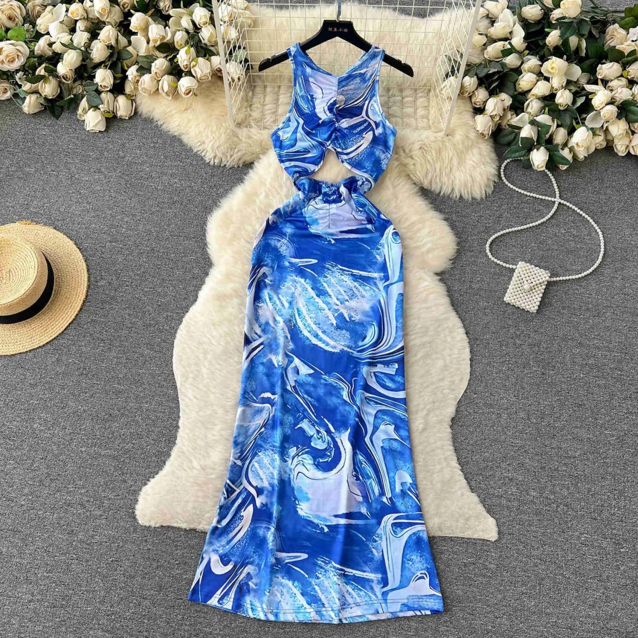 marble cut out dress Blue Marble Cutout Sleeveless Maxi Dress