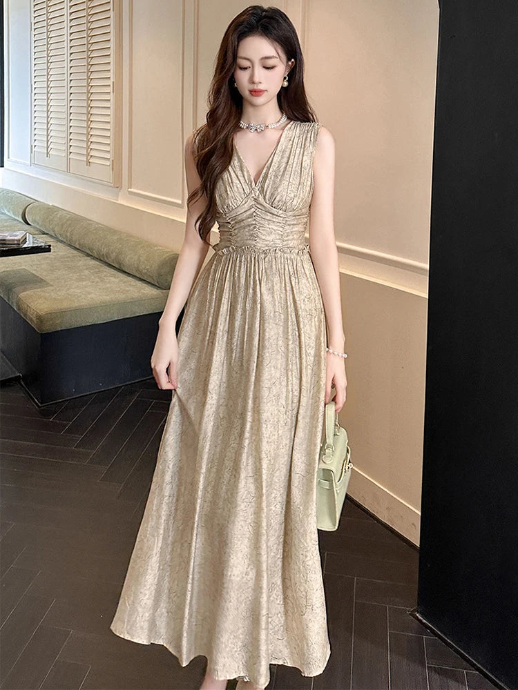 Sleeveless V-neck Gold Maxi Dress With Draped Waist