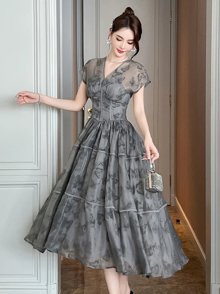Vintage Gray Floral Evening Gown With Sleeves