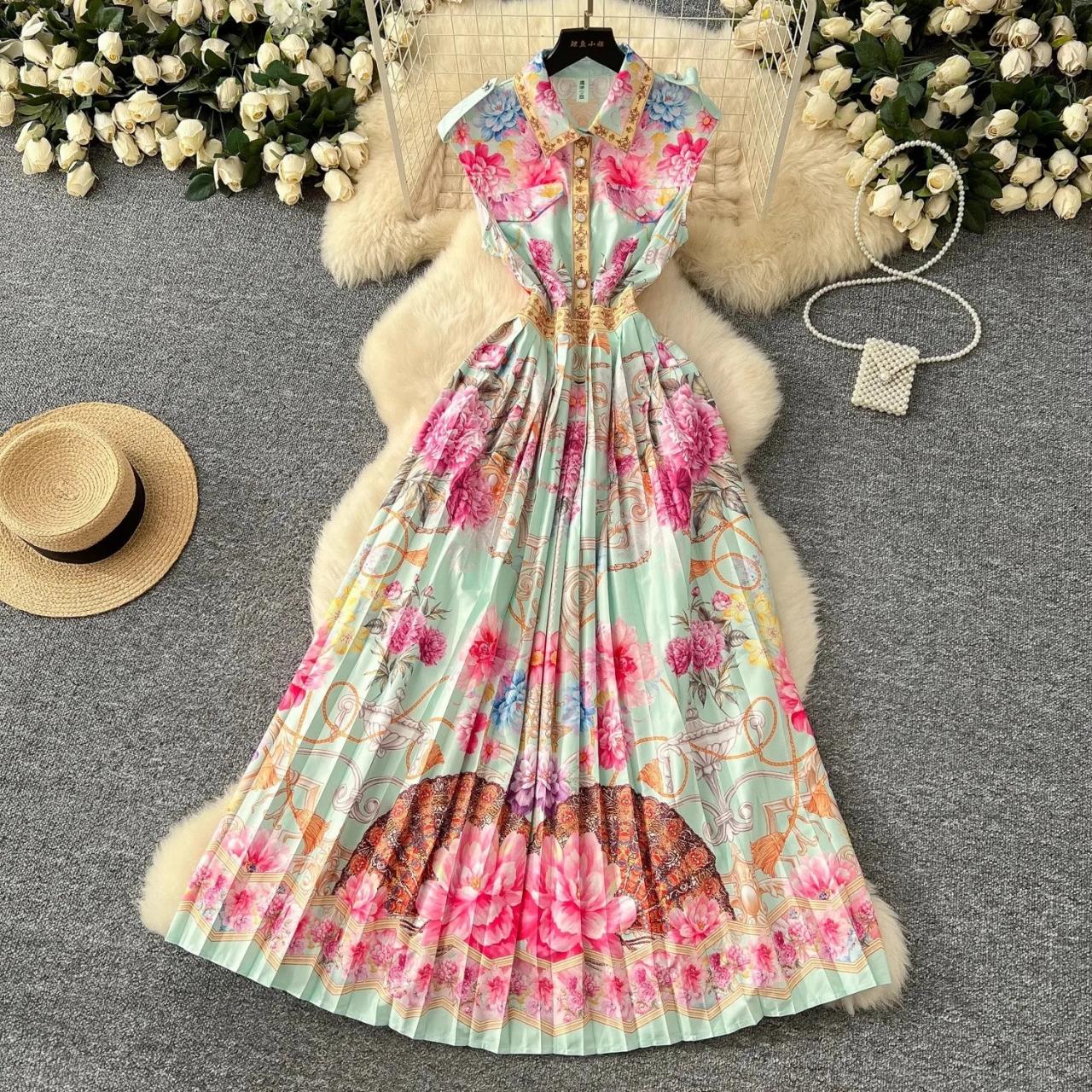 Floral Maxi Dress with Vibrant Pleated Design