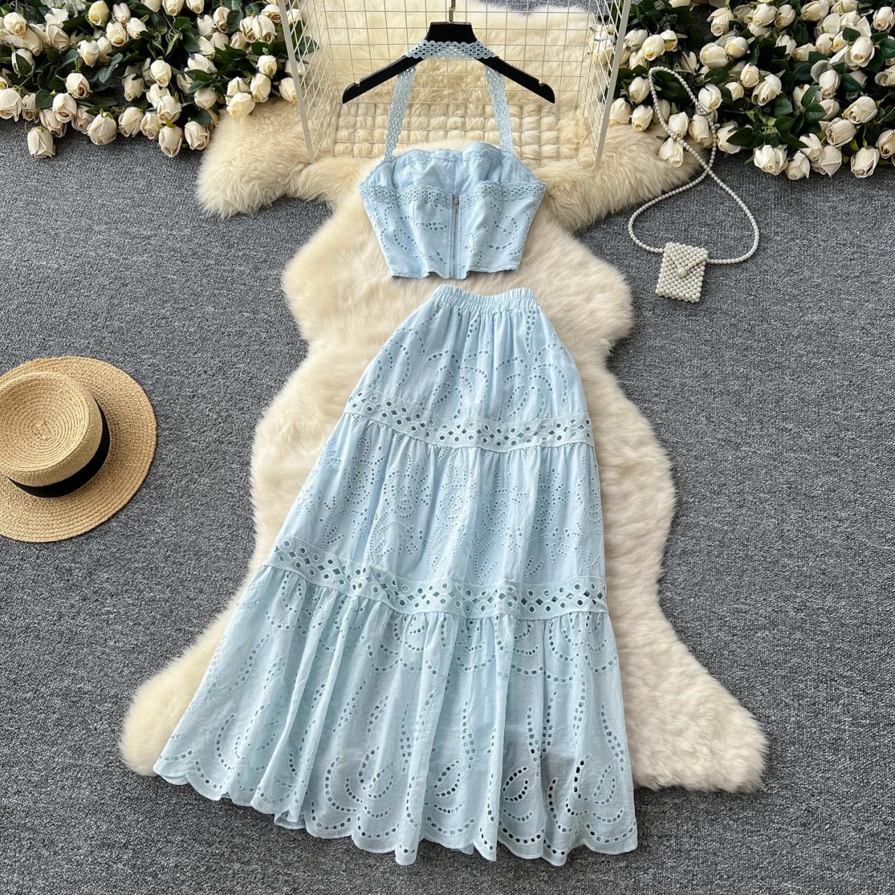 eyelet halter dress Ivory Cotton Eyelet Lace Halter Neck Maxi Dress main image 1
