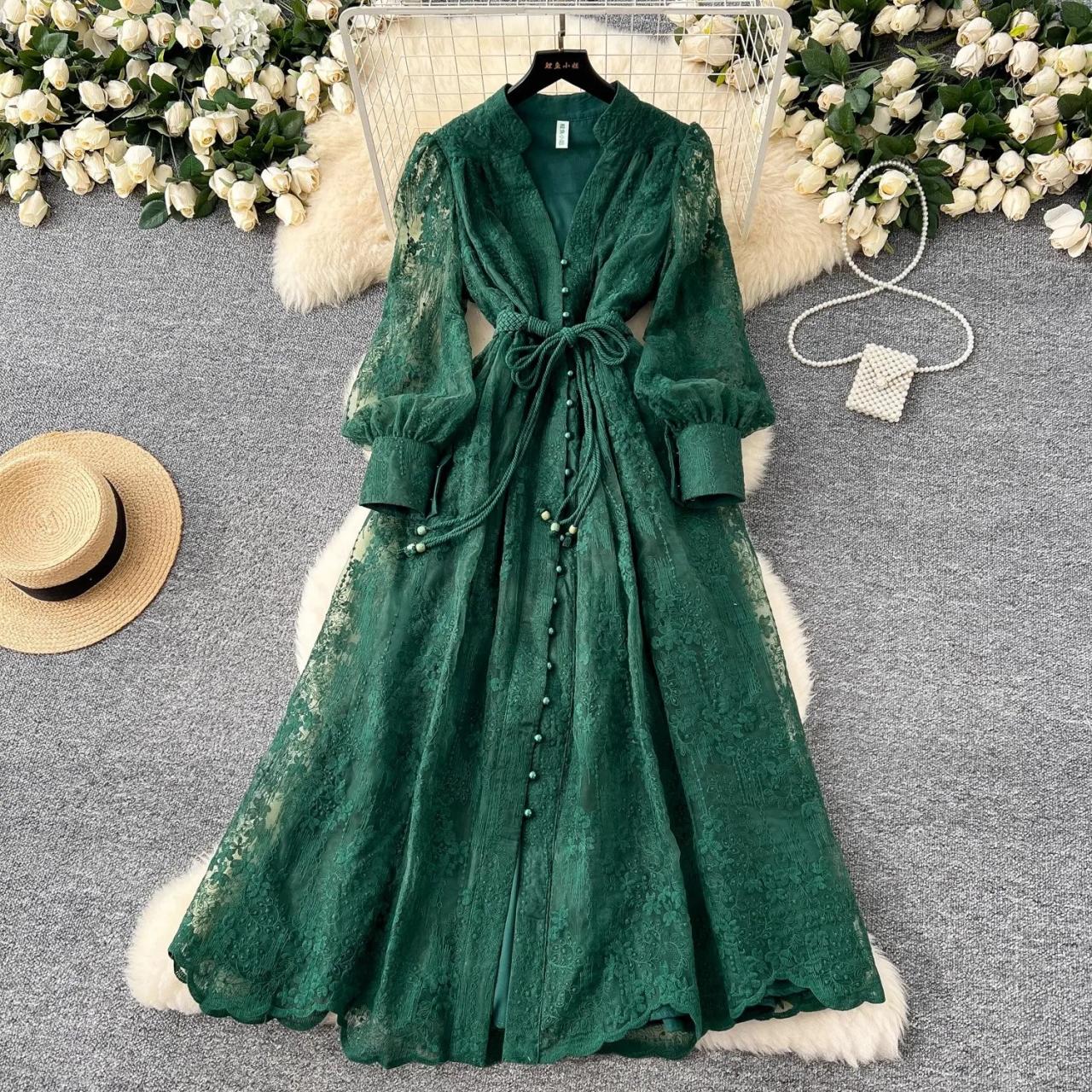 Lace Long Sleeve Green Maxi Dress With Buttons on Luulla