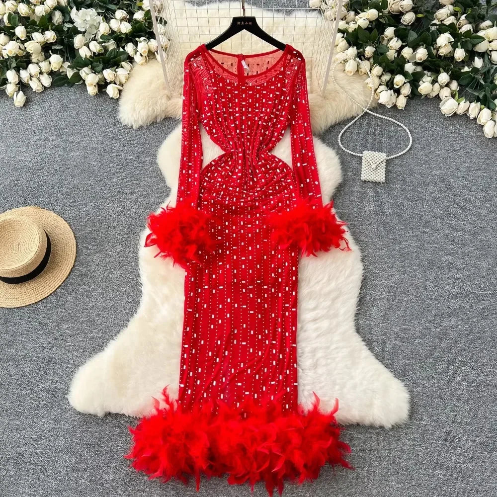 red feather sequin dress Red Sequin Feather Mini Dress  Luxury Party Style  Aclosy