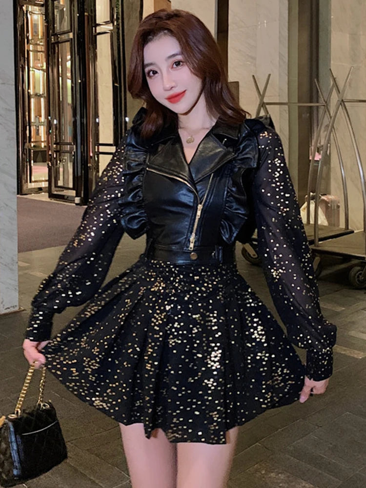 Sparkling Black Outfit With Leather Jacket Accent