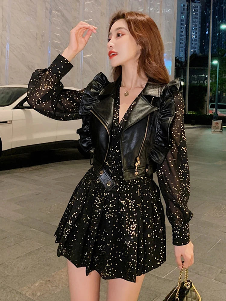 Sparkling Black Outfit With Leather Jacket Accent on Luulla