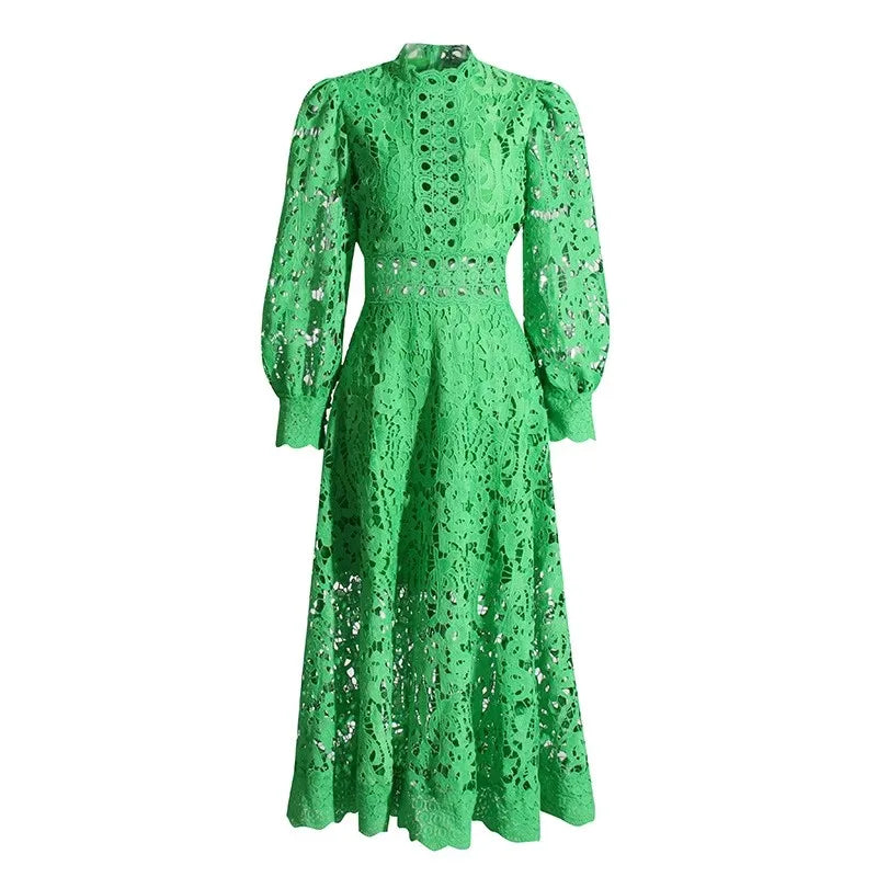 Green Lace Long Sleeve High Neck Dress