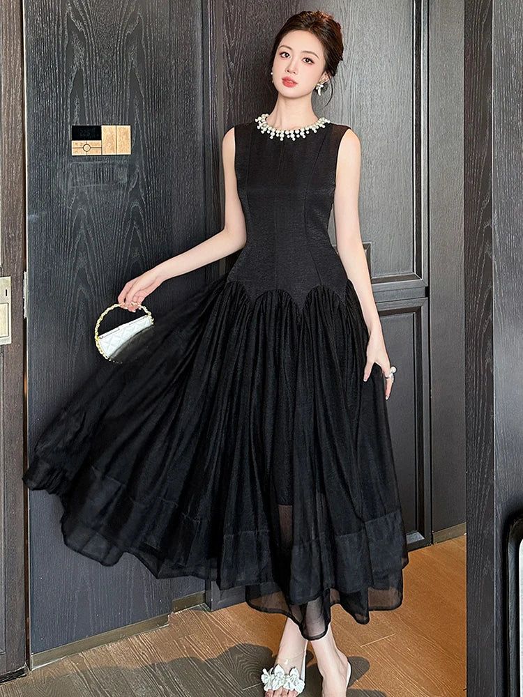 black dress with pearl neckline Satin Gown and Bow Detail made orders SHEIN LUNE Women's Black Elegant