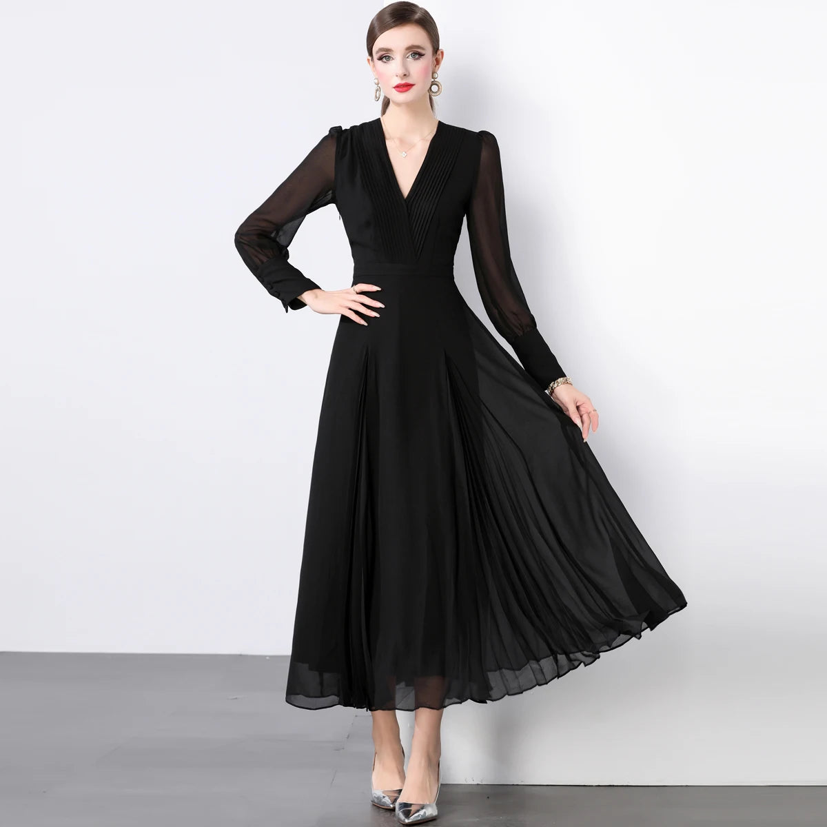 Black Pleated Chiffon Maxi Dress With Sleeves on Luulla