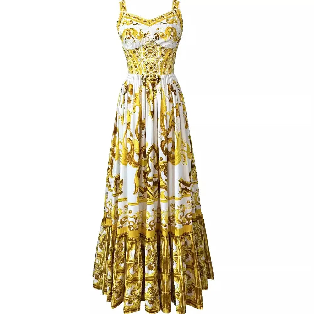 Vintage-inspired Gold Floral Spaghetti Strap Maxi Dress