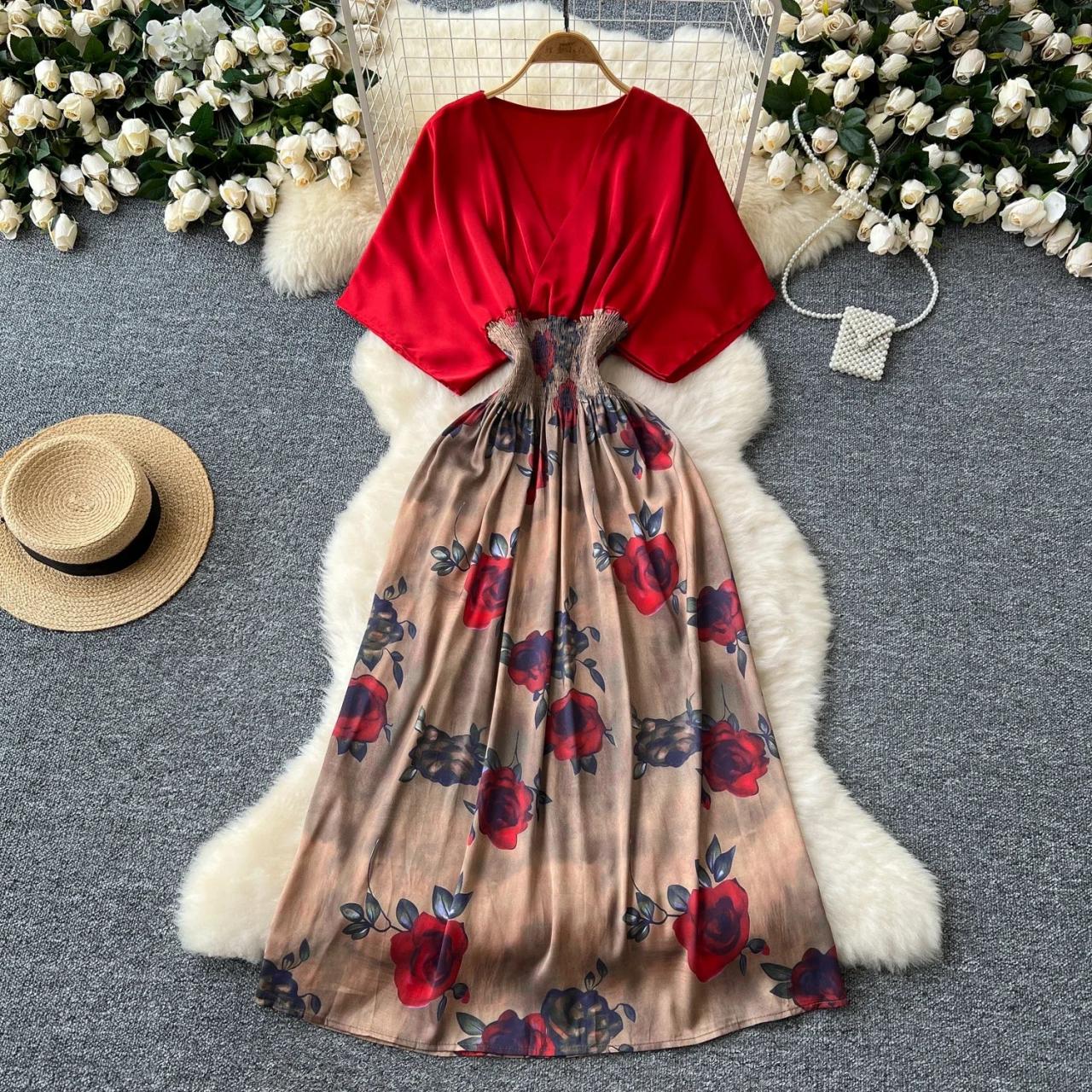 Red Floral Maxi Dress With Cinched Waist Design on Luulla