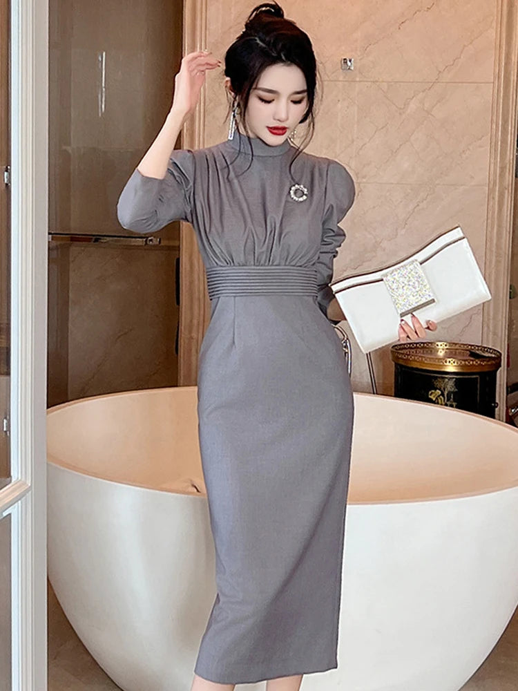 Spring Autumn Solid Formal Work Style Long Wrap Hip Dress Women Elegant Office Commute Puff Sleeve Slim Midi Robe Mujer Vestidos Spring Autumn Solid Formal Work Style Long Wrap Hip Dress Women Elegant  Office Commute Puff Sleeve S on Luulla
