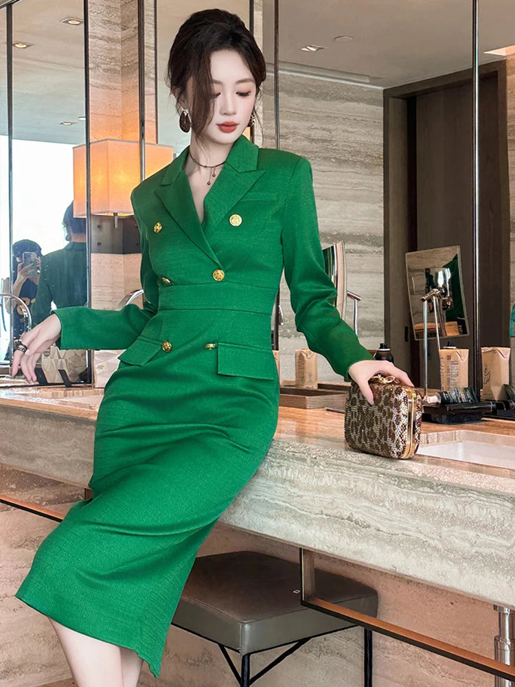 Womens Green Double-breasted Tailored Blazer Dress