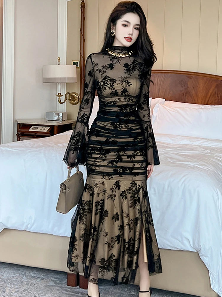 fitted lace wedding dress Black Mermaid Lace Evening dress,evening Dress with Long Sleeves,Two Piece Dress PD00084, US6 / Burgundy main image 1