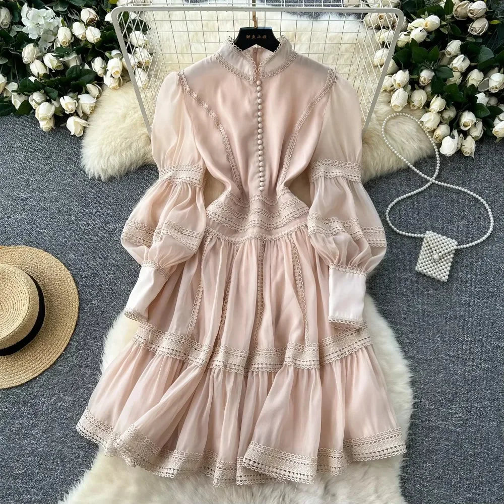 lace balloon sleeve dress Chloye Long Balloon Sleeve Lace-Up Back Dress White