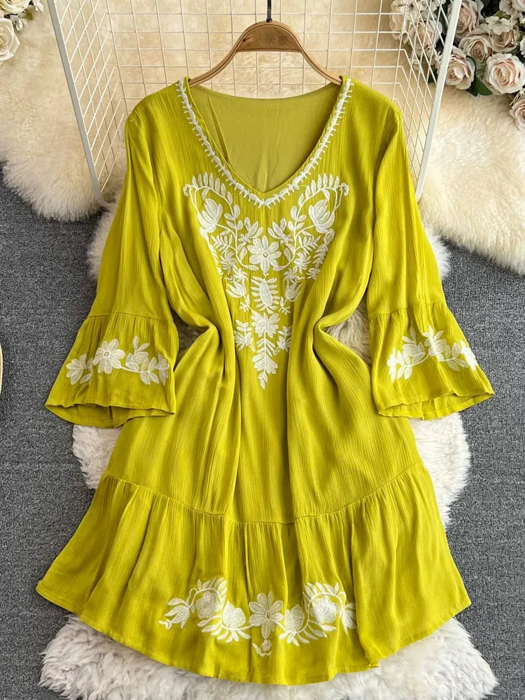 Embroidered Boho Chic Yellow Flowy Tunic Dress on Luulla
