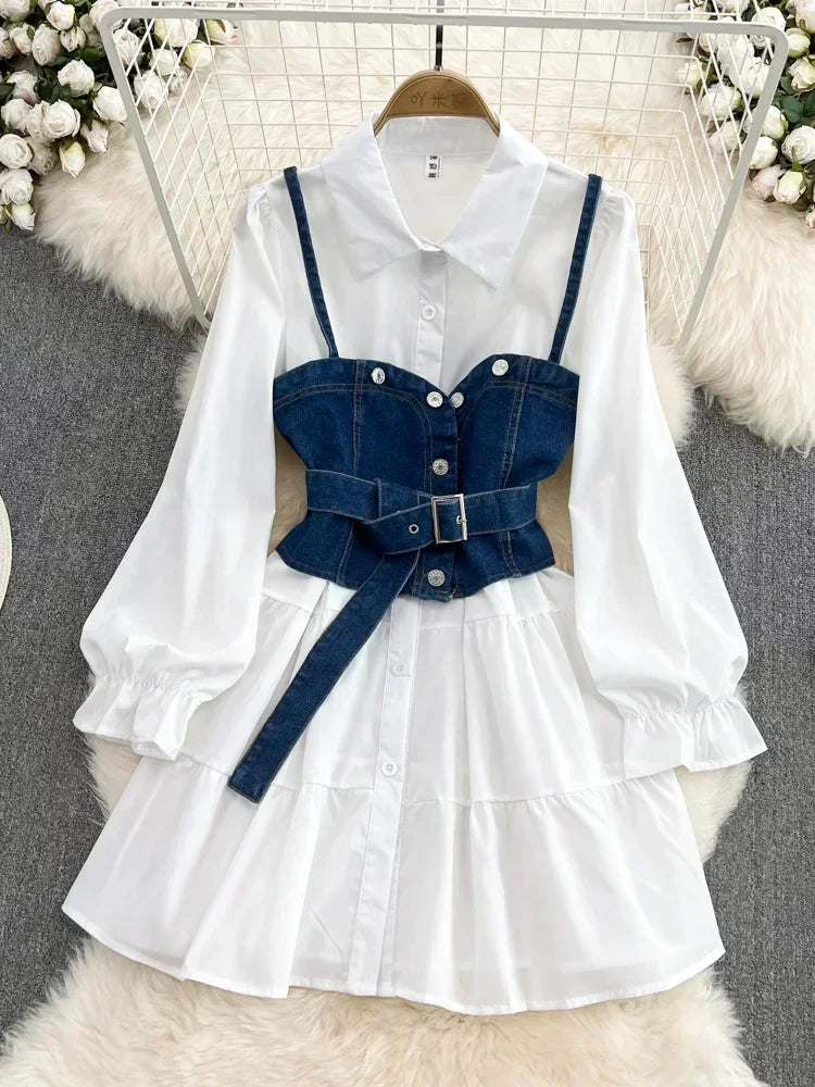 Denim Corset Belted Layered White Shirt Dress