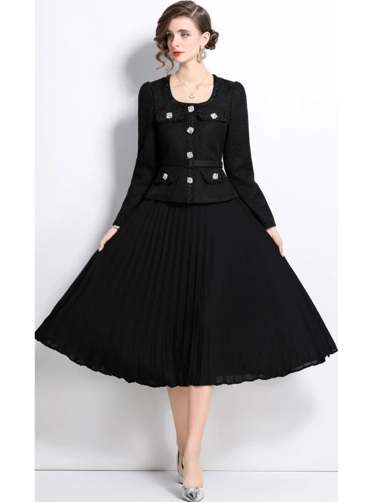 suit dress with pleated skirt Black Pleated Skirt Suit With Blazer Buttons