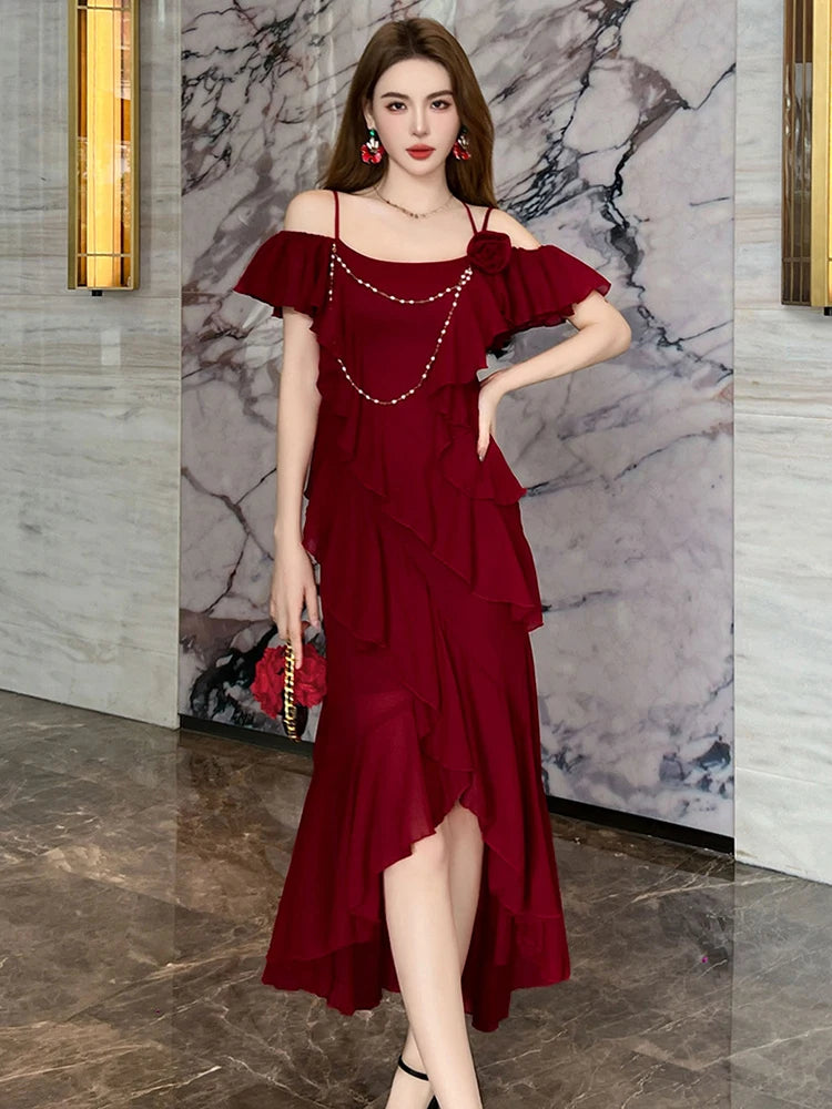 Ruffled Off-shoulder Red Dress With Beaded Details