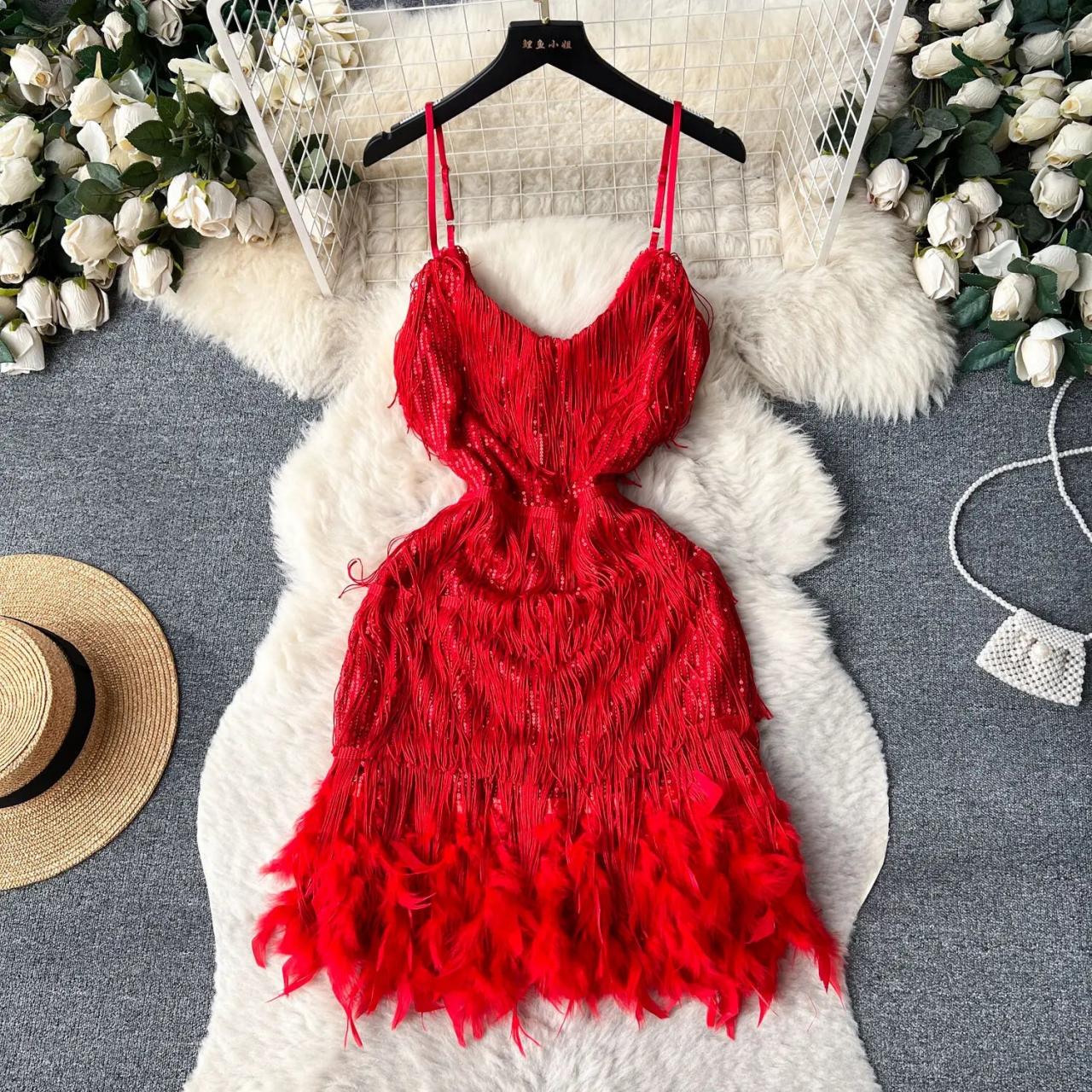 fitted lace wedding dress Bailar De Caballito Sequin Fringe Mini Dress (Red) main image 1