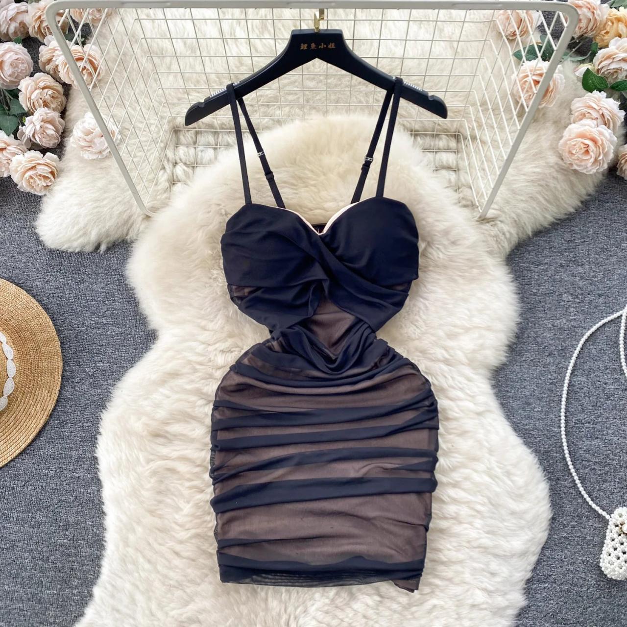 Black Mesh Bodycon Dress With Spaghetti Straps on Luulla