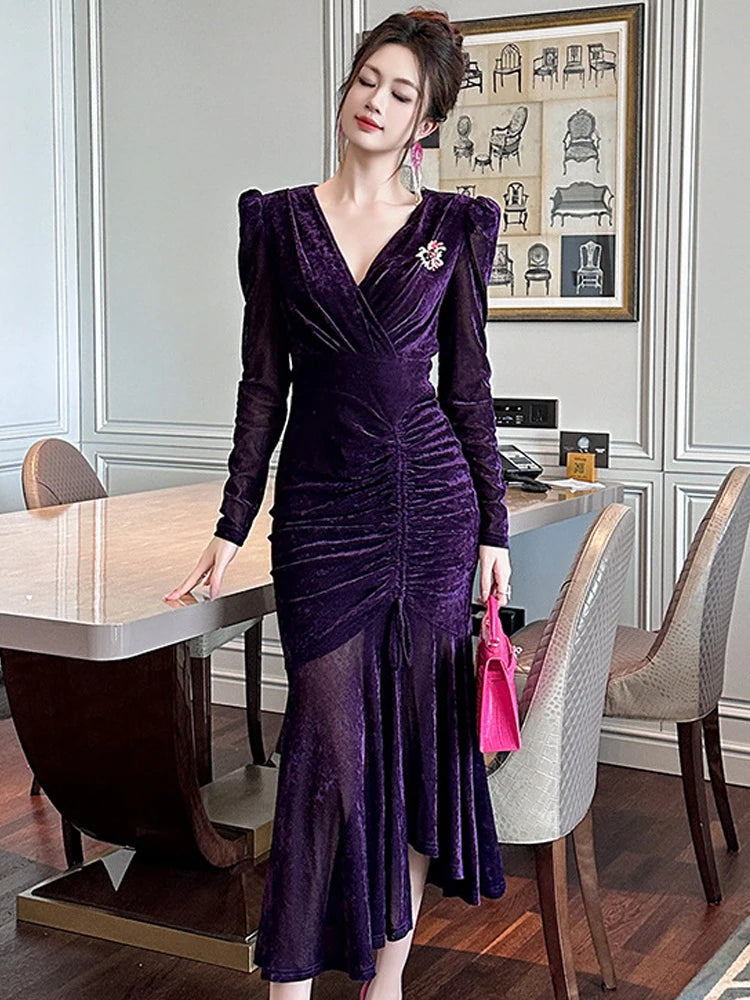 chinese dress ladies 1930s Purple Silk Velvet Gown Long Balloon Sleeves Dress – Breath Of the  Earth main image 1