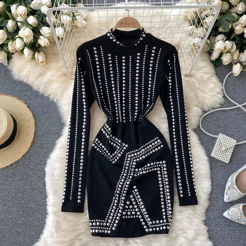black studded bodycon dress Luxury Women Sexy V Neck Long Sleeve Studded Black Mini Bodycon Dress –  Pleroma house of luxury main image 0