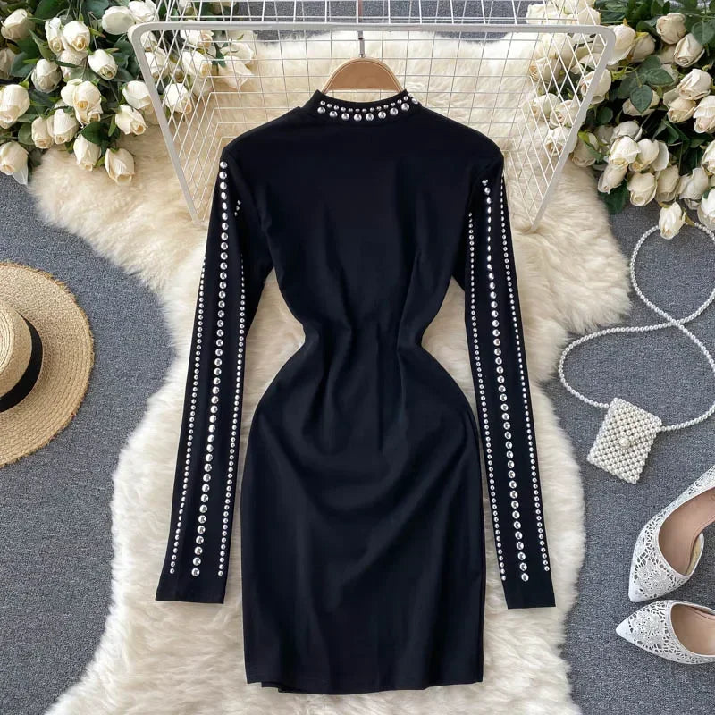 long sleeve studded bodycon dress Long Sleeve Studded Maxi Dress White