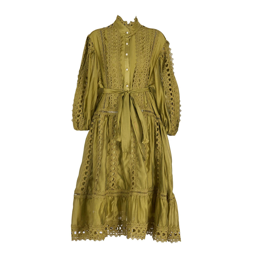 Embroidered Olive Green Lace-up Midi Dress on Luulla