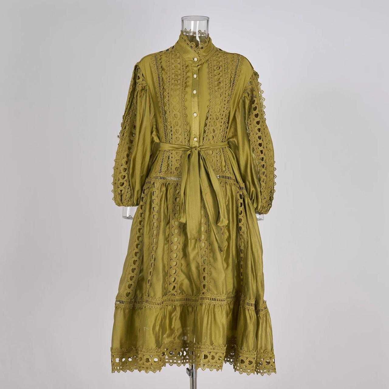 Embroidered Olive Green Lace-up Midi Dress on Luulla