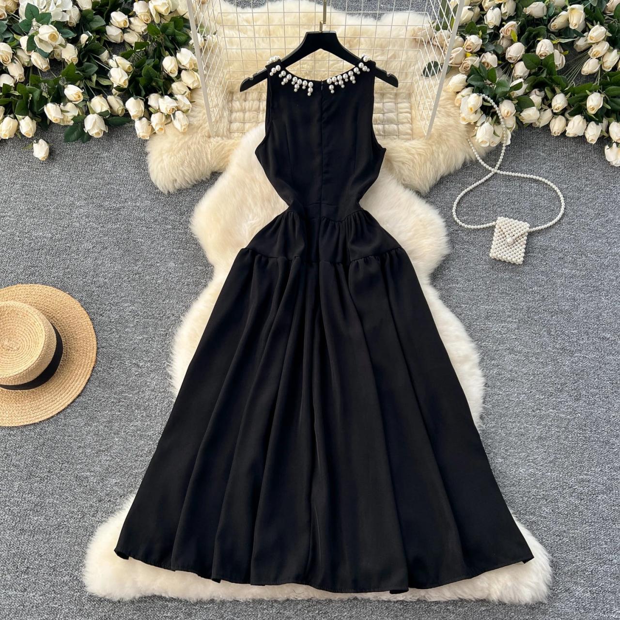 Black Sleeveless Dress With Pearl Embellished Collar on Luulla