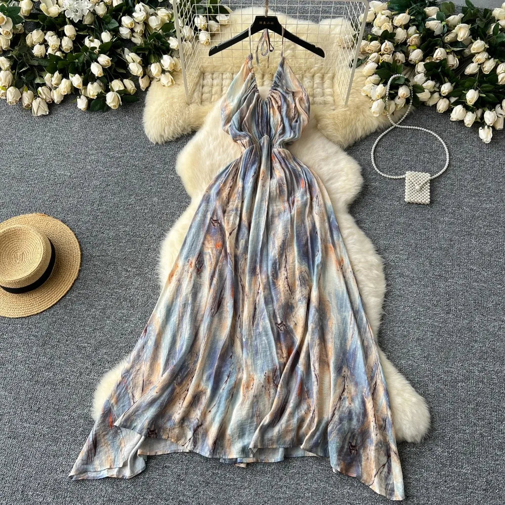 Bohemian Halter Maxi Dress With Tie-dye Pattern