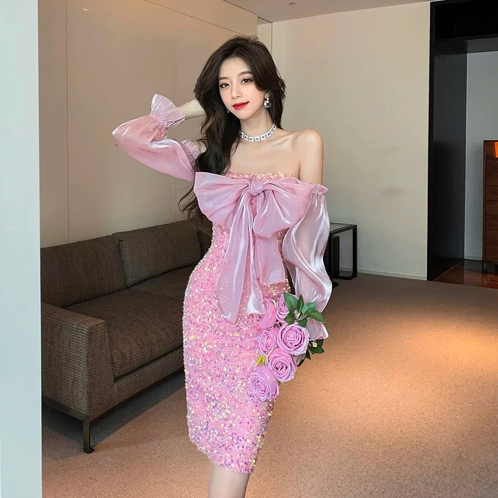 Pink Off-shoulder Dress With Bow And Glitter