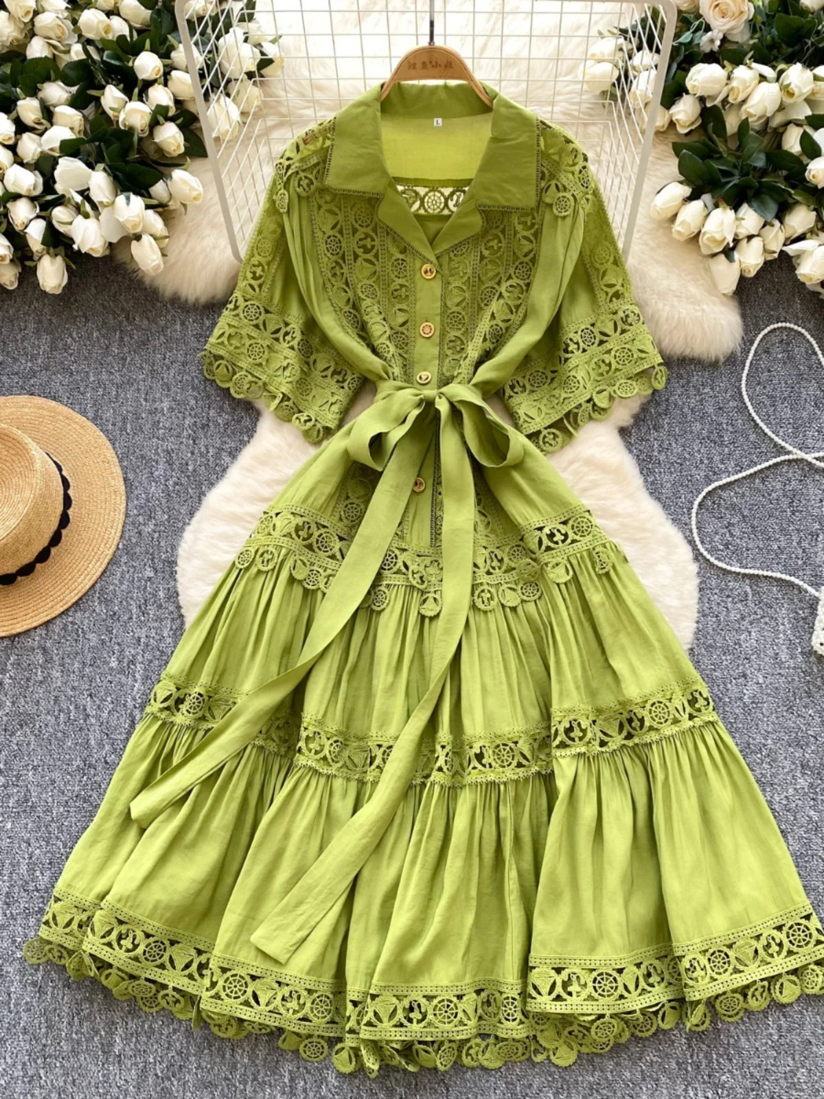 knee length dresses for ladies Unmistakably You Green Floral Lace Midi Dress main image 1