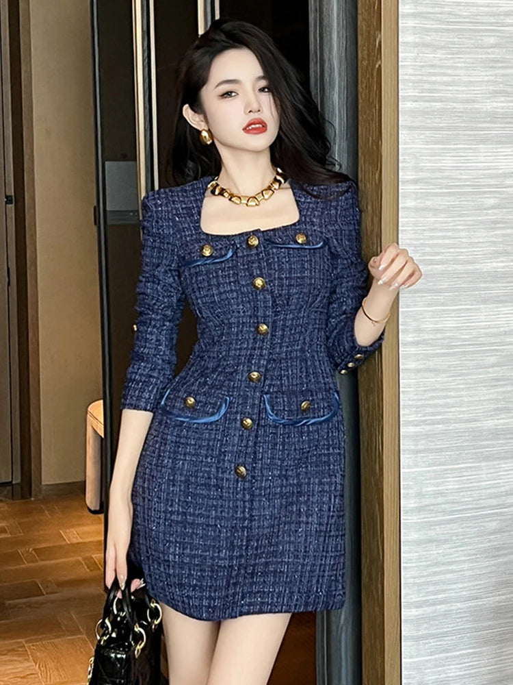 Chic Navy Tweed Dress With Gold Buttons