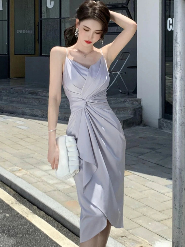 satin asymmetric midi dress Satin Asymmetric Draped Neckline Midi Dress main image 1