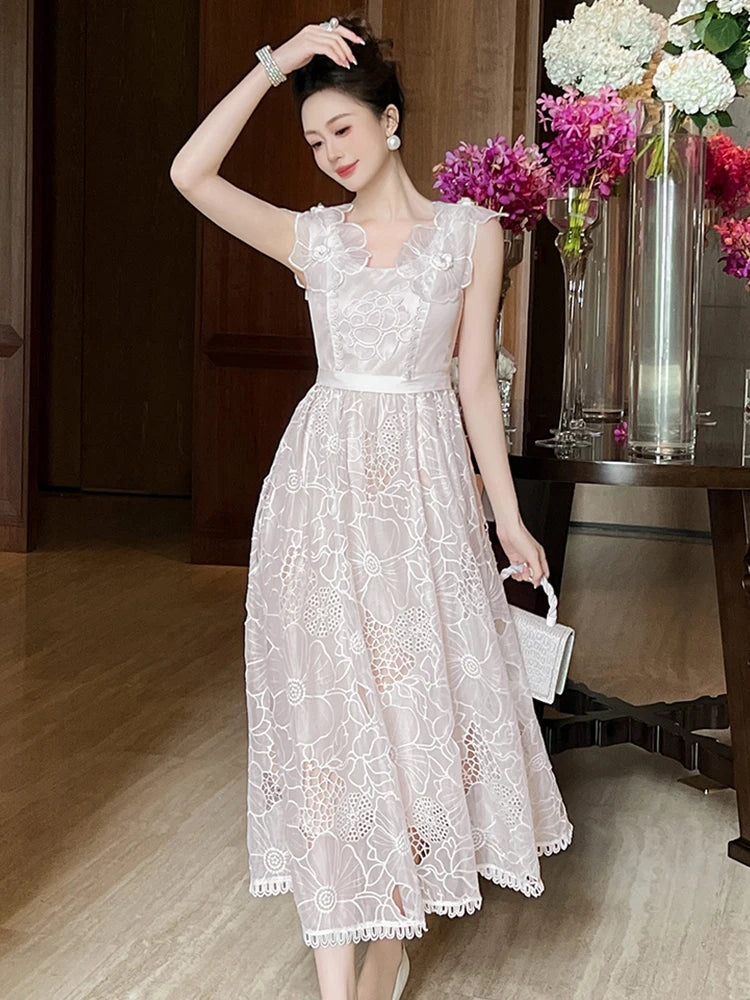 knee length dresses for ladies Cream Shoulder Tie Ruffle Bottom Midi Dress – SSYS