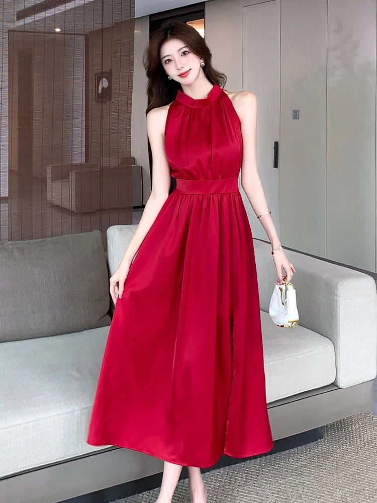 red maxi dress with pockets Red Linen Blend A-Line Maxi Dress - Seam Pockets & Boat Neckline 3742