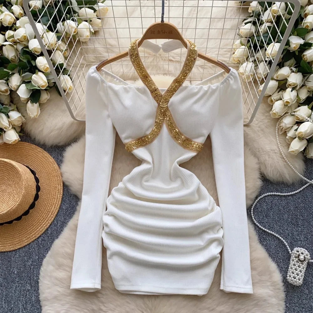 Gold Trimmed Off-shoulder Ruched Bodycon Dress