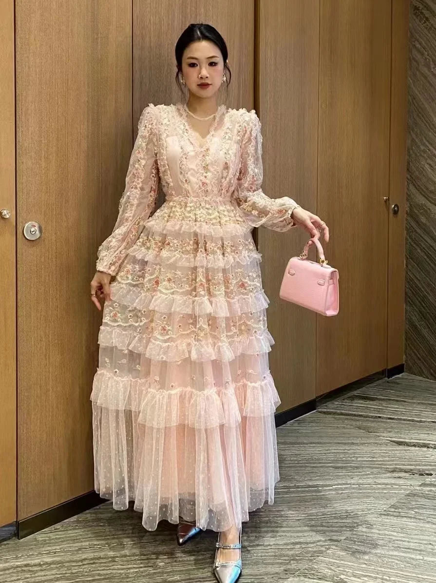 Vintage Lace Layered Long Sleeve Pink Dress