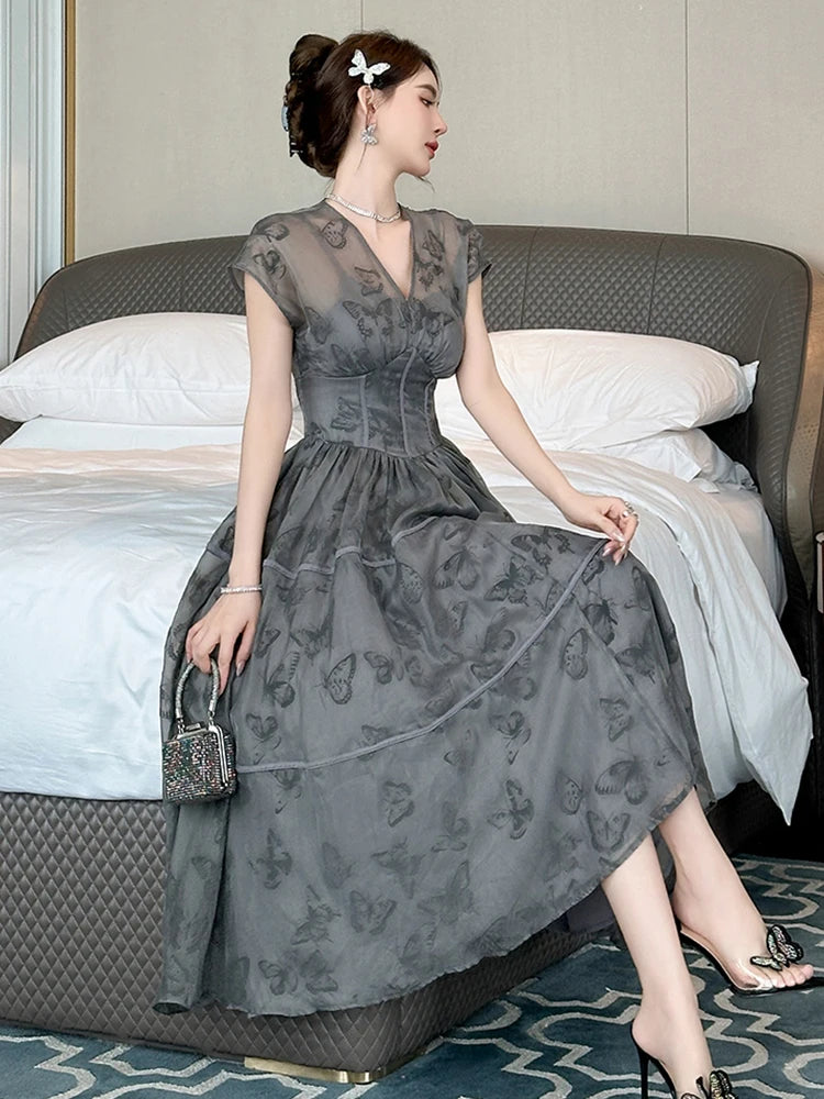 grey butterfly dress Aureline Butterfly Tiered Midi Dress – Disturbia main image 1