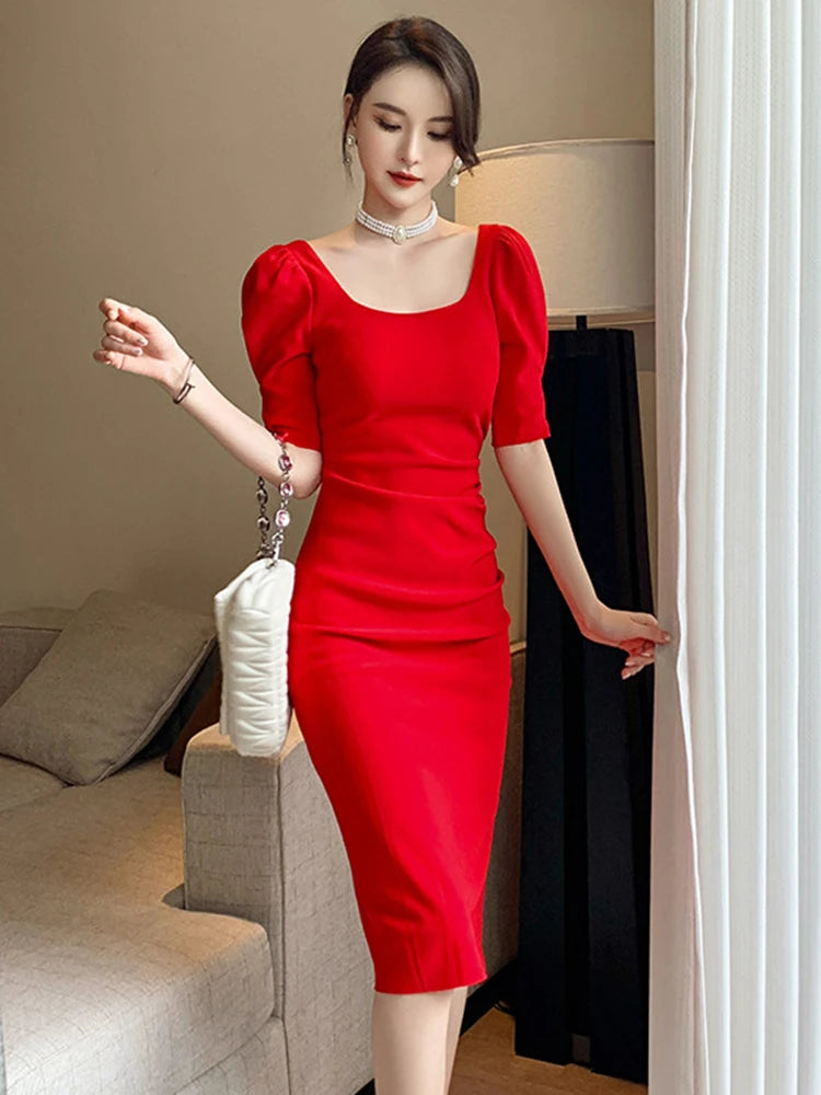 strapless open back dress Moon Rising Thigh Split Knee Length Dress Red– Selfie Leslie main image 1